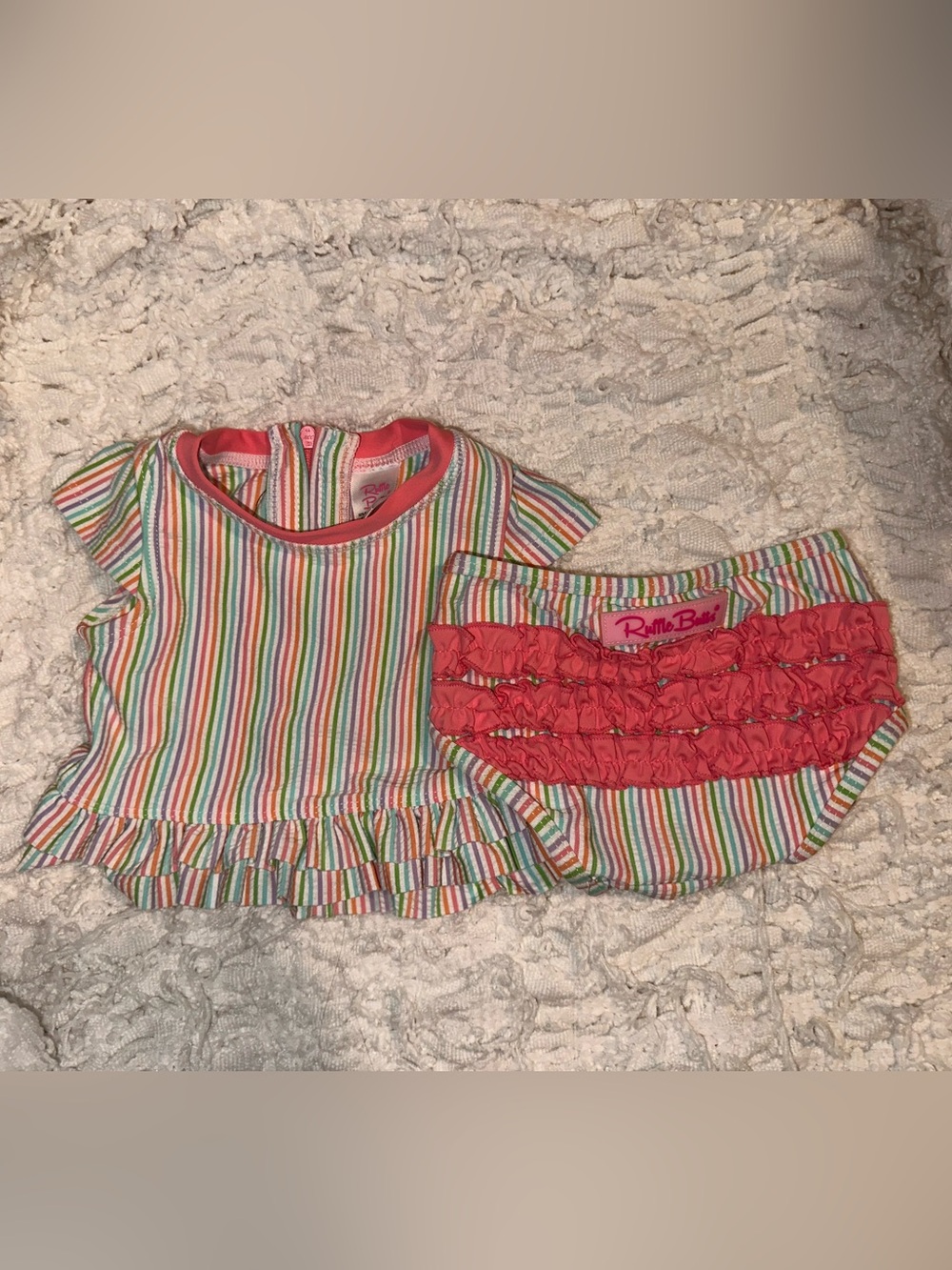 Ruffle Butts Pink Trim Rainbow Stripe Ruffle Top & Bloomers
